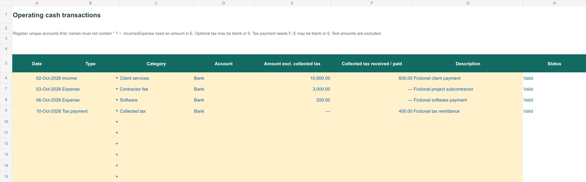 Example cash transactions sheet with fictional income, contractor and software expenses, collected tax, and validation status.